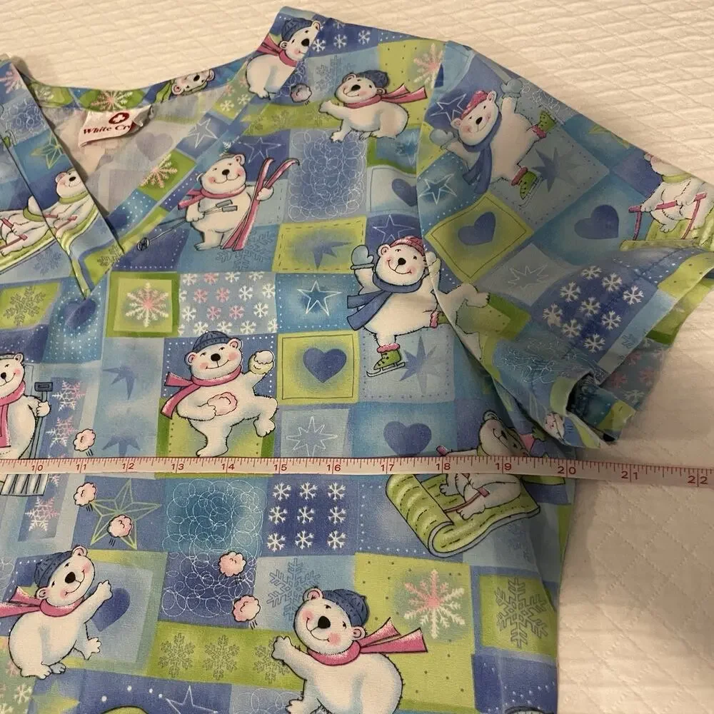 White Cross Scrub Top Polar Bear Snowflakes Christmas Winter Holiday Print Small - Picture 6 of 8